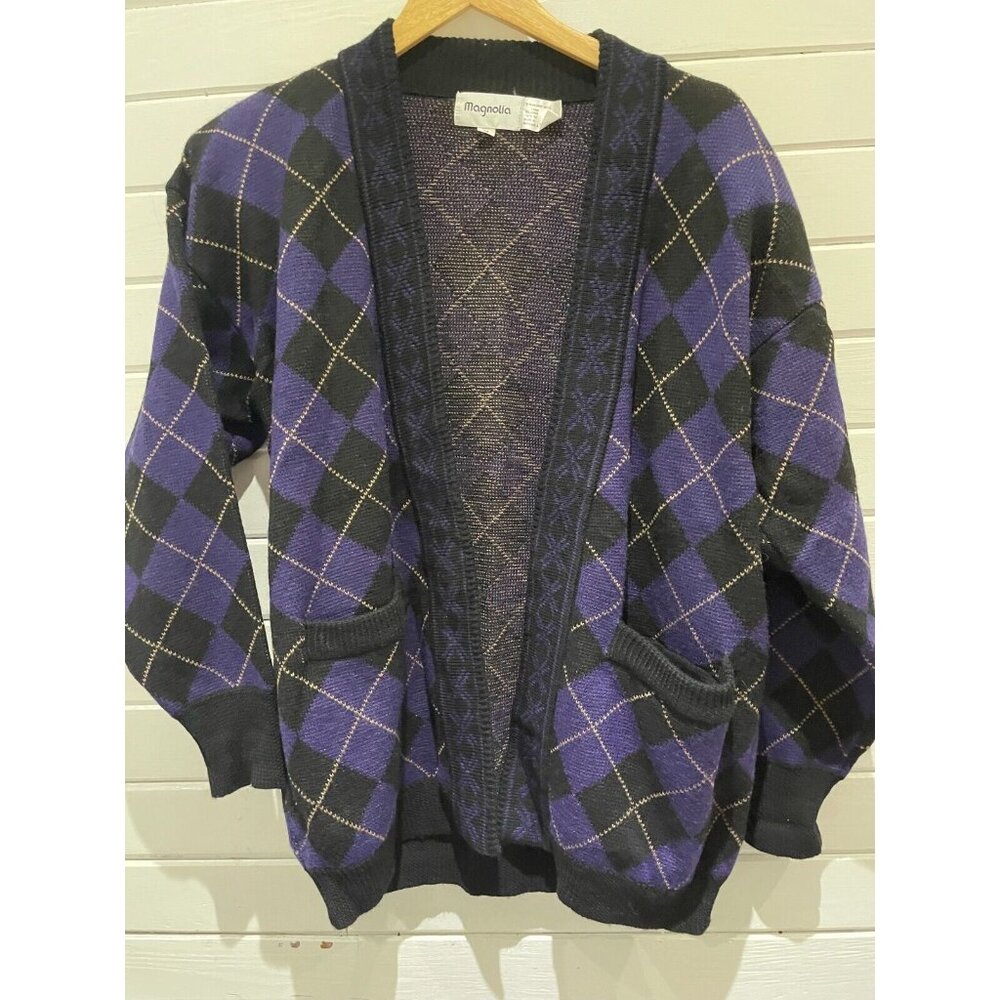 Vintage Magnolia Wool purple black Block Argyle 80s Sz M Cardigan Jacket heavy
